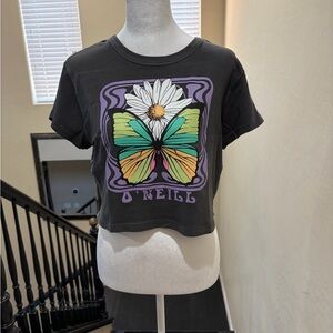 O'Neill Black Crop Top with Butterfly and Flower Design